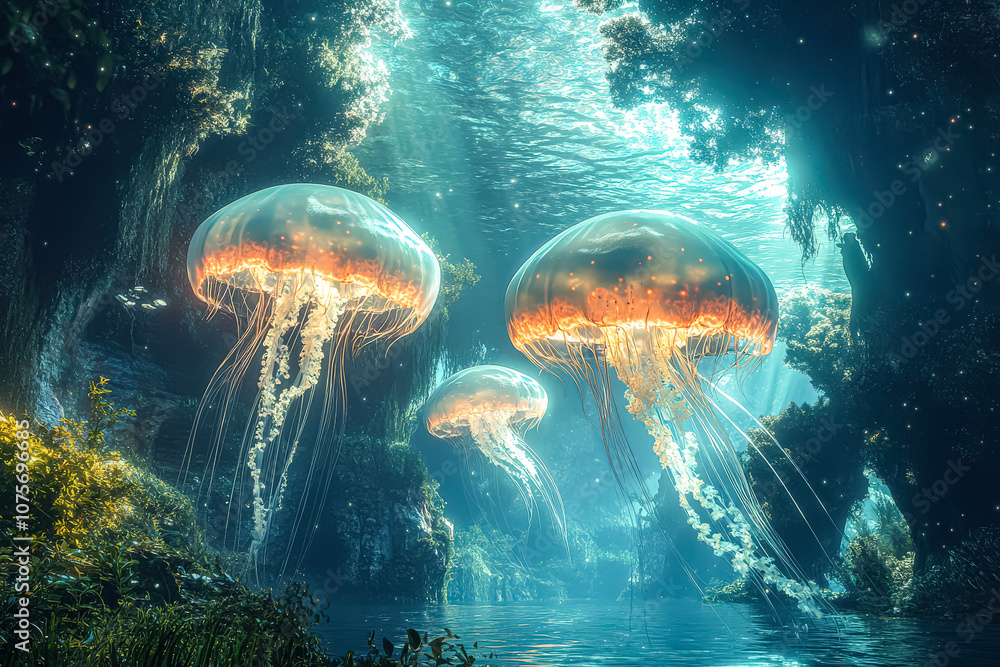 Poster three jellyfish are floating in the water, with one of them being larger than the other two. the sce