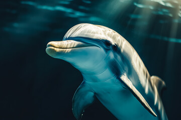 Naklejka premium Two dolphins are swimming in the ocean, one of them is smiling. Scene is happy and joyful