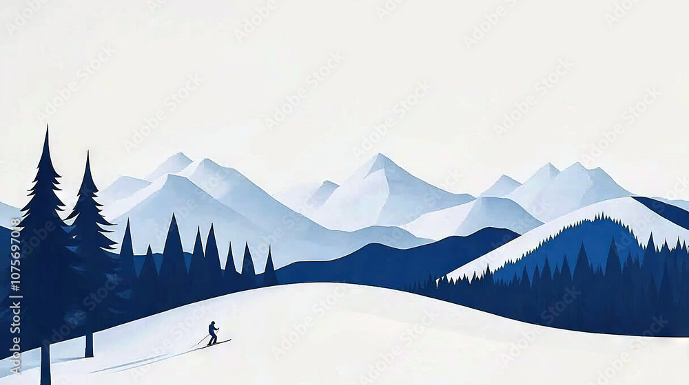 Aufkleber a person skiing across a snow-covered field with mountains in the background and trees in the foregr