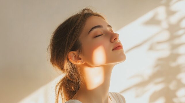 Woman taking deep breath bright room clean background  copy space