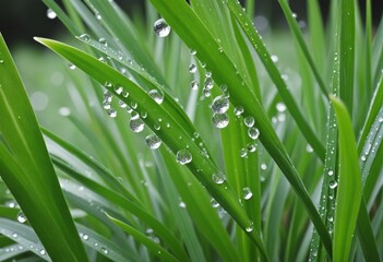 Fototapeta premium Fresh Dew Drops on Lush Green Grass Blades in Morning Calmness