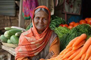 Indian woman selling fresh vegetables at local market