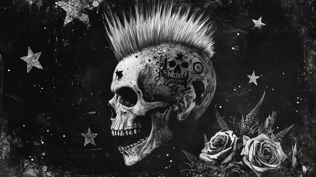 "punk skull with a mohawk surrounded by roses and stars blend":