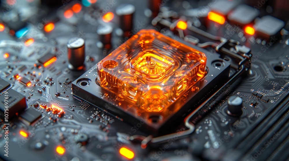 Poster a close-up of a glowing cpu on a circuit board.