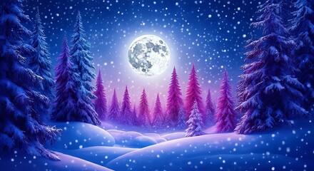 Naklejka premium Colorful Twilight Dark snowfall forest Nature Background wallpaper