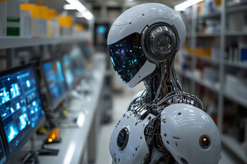 A beautifully designed futuristic robot stands in a high-tech lab, showcasing innovative technology and advanced features during the daytime