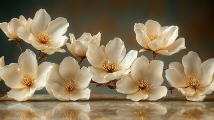   A cluster of white blooms atop a table adjacent to a monochrome mural reflecting in a mirror