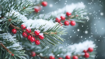 Snow-covered pine branches with bright red berries during winter in a serene landscape