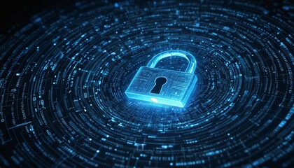 Glowing Blue Lock Icon in a Digital World, Ai generated Images