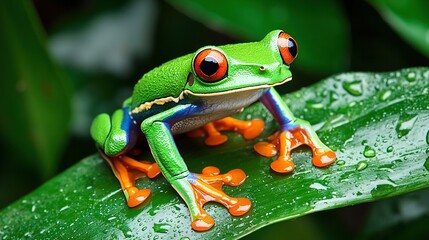   A macro shot of a frog perched atop a leaf, adorned with droplets of water glistening on its skin, set against an emerald backdrop