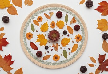 Circular Autumn Floral Mandala with Dried Leaves and Flowers on White Background