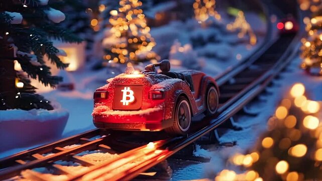 Car with a bitcoin logo going up a roller coaster track with a Christmas background.
