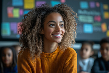 Teacher engaging students during an online class session in a vibrant classroom setting