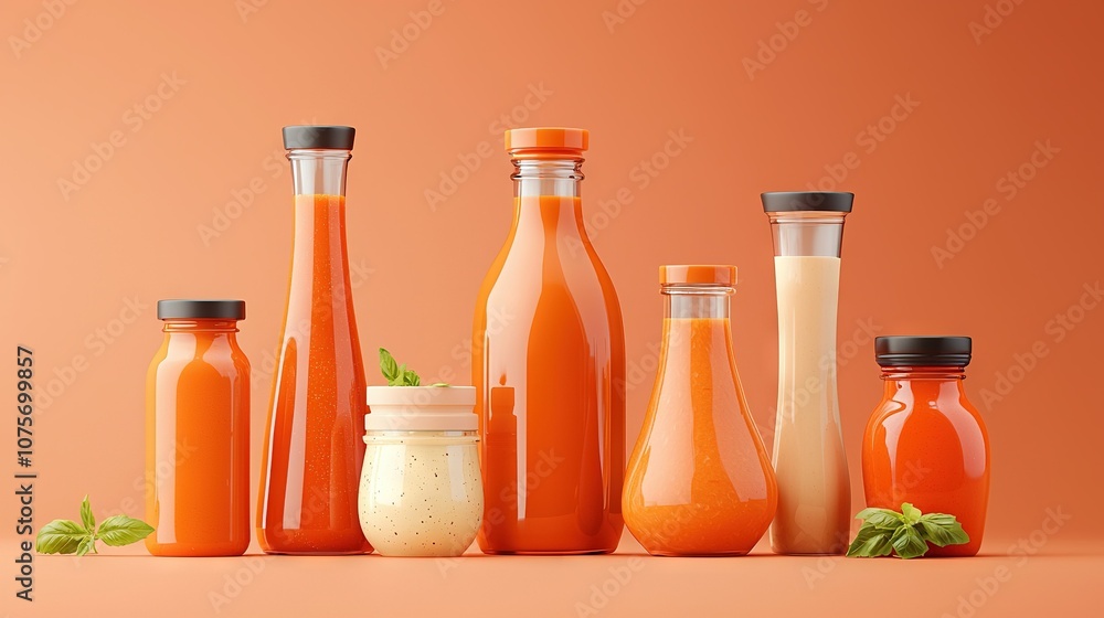 Poster a collection of juicy bottles and condiment containers arranged on an orange background