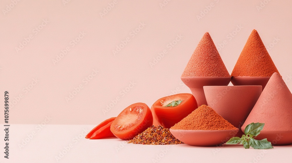 Poster a mound of red material resting beside piles of tomatoes and another pile of red items adjacent to t