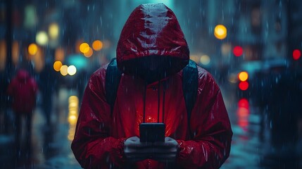 A man in a red hoodie is looking at his phone while walking in the rain