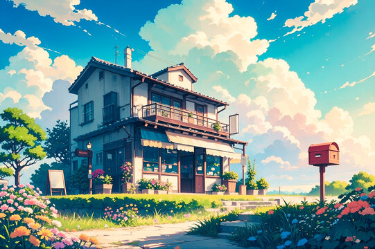 Anime-style illustration of japanese storefront, on small hill garden