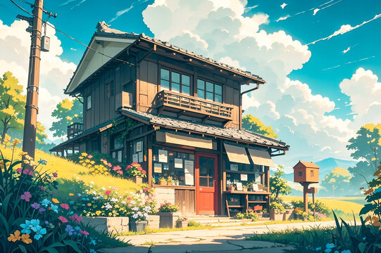 Anime-style illustration of japanese storefront, on small hill garden