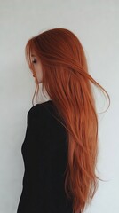 Obraz premium A woman with long red hair in the foreground, her back facing the camera against a white background