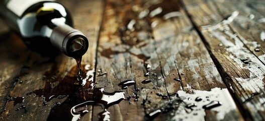 Spilled alcohol reflects moments of regret on a wooden table, accompanied by an empty bottle in soft natural light