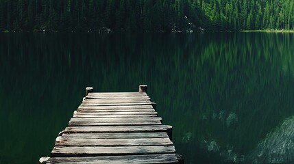 Obraz premium Wooden dock by lake with green forest trees