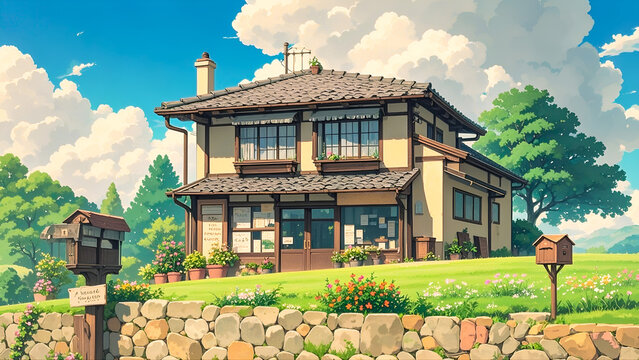 Anime-style illustration of japanese storefront, on small hill garden