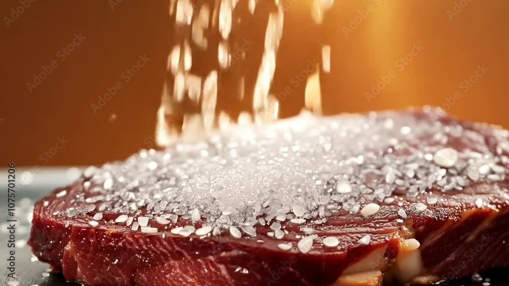 Aufkleber salt falling onto a filet mignon in slow motion at a kitchen setting generative ai