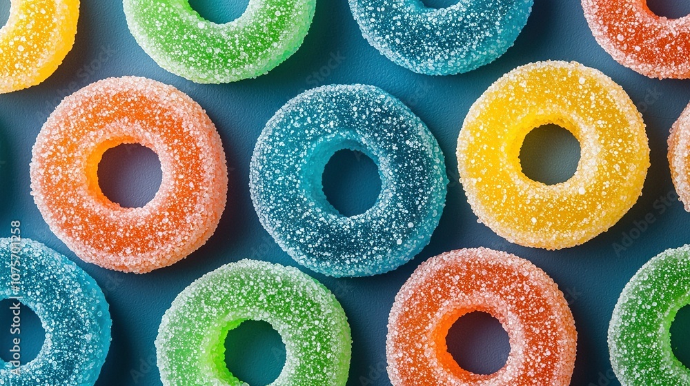 Poster multicolored doughnuts in rows on a blue surface, sprinkled with colorful toppings