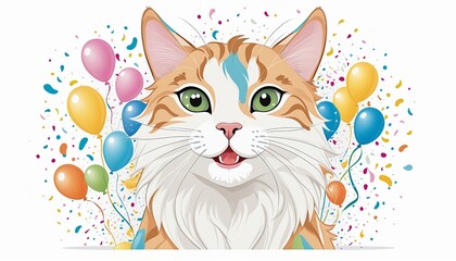 Charming Cat Festivity: Playful Illustration for World Cat Day. Adorable Feline Art on a Bright Background, Ideal for Pet Event Banners, Birthdays, and Celebrations.
