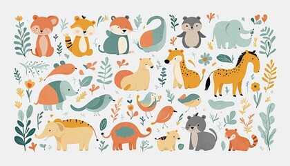 Fototapeta premium Charming Hand-Drawn Baby Animal Patterns for Nursery Decor and Textile Design