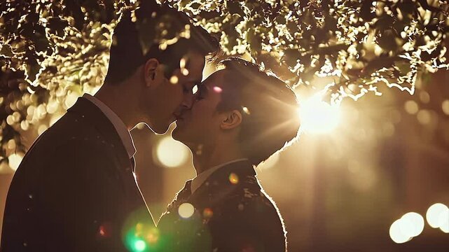 Gay couple kissing under the mistletoe in silhouette on Christmas.