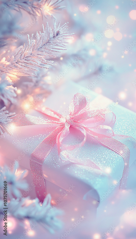 Poster a white gift box with a pink ribbon is surrounded by a snowy pine branch and warm, sparkling lights.