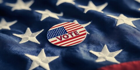 Close-Up of American Flag with Red, White, and Blue 'VOTE' Button for Election Theme