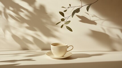   A cup of coffee sits atop a saucer in front of a shadowy leafy branch on the wall