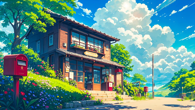 Anime-style illustration of japanese storefront, on small hill garden