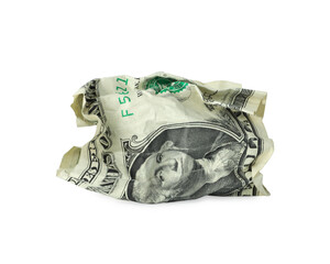 One crumpled dollar bill isolated on white
