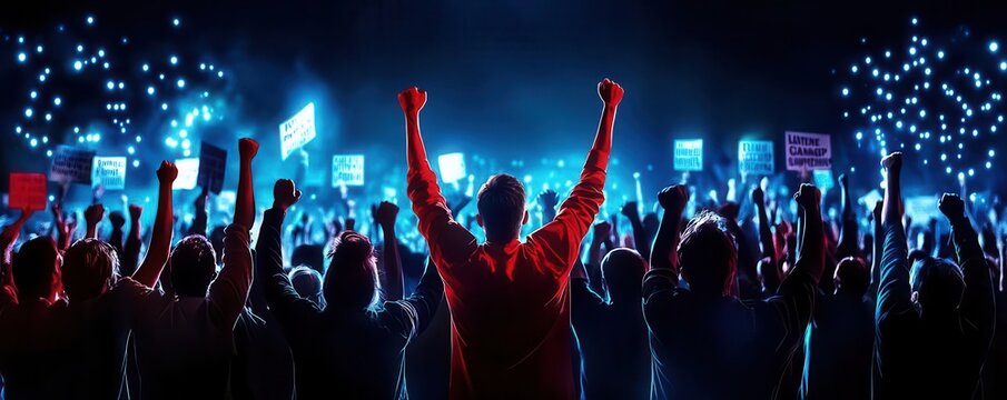 Emotional election victory as supporters chant slogans of change copy space, hopeful theme, ethereal, Multilayer, rally grounds backdrop