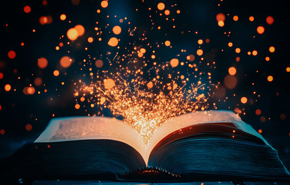 Livre ouvert magique avec &eacute;tincelles sur fond noir