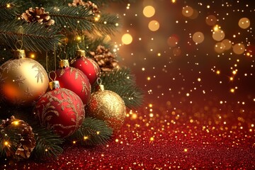 Christmas background with red and gold decorations, stars, and pine branches on a red backdrop