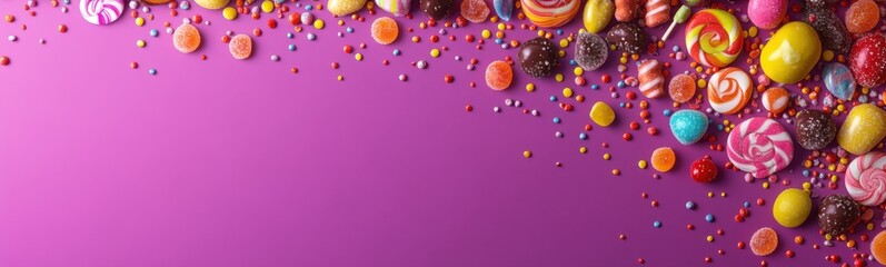 Many different candies and candies on a purple background, sugar products © Roman