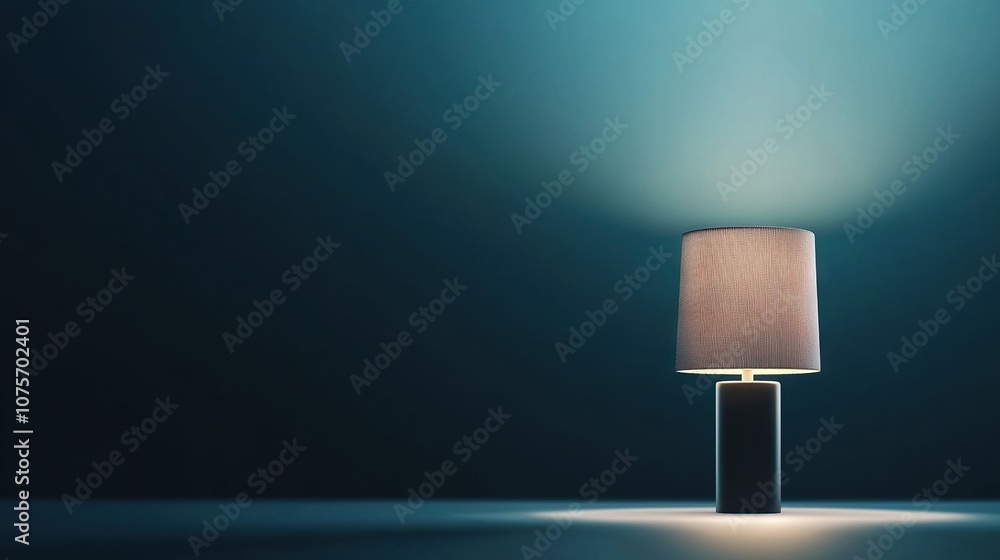 Poster a lamp perched on a tabletop, illuminating from above with its own light and casting further down be