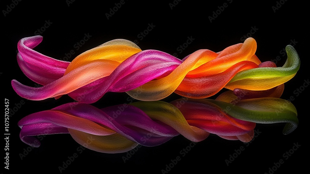 Aufkleber a multicolored object on a black surface with a reflection in water, zoomed in