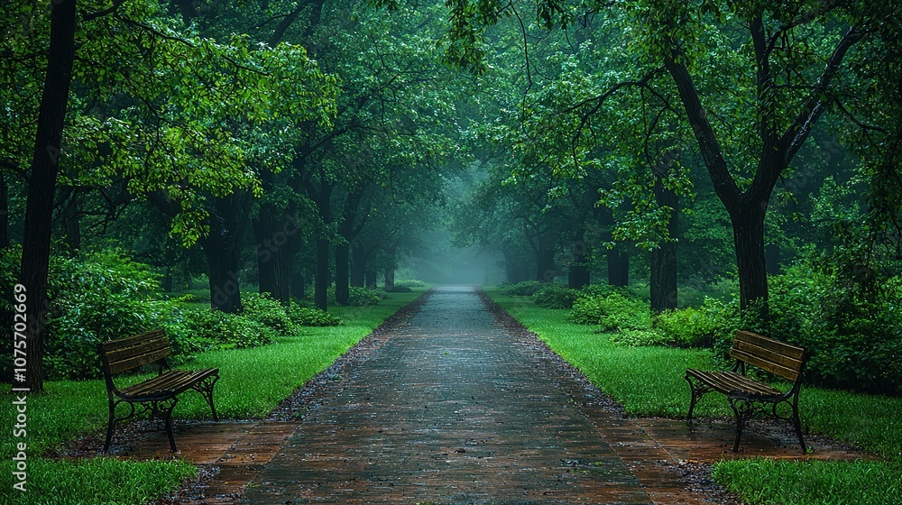 Poster path with two benches and trees on either side