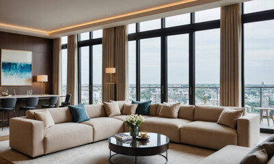 Fototapeta premium A modern living room with a large sectional sofa, coffee table, and city views from floor-to-ceiling windows