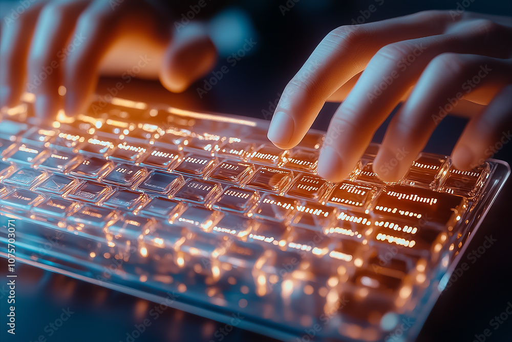 Aufkleber fingers move swiftly over a shimmering keyboard in a dark workspace at night