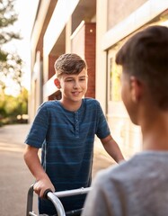 Teen Boy with Disability Using Walker Socializing with Friends Outdoors