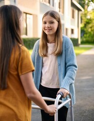 Teen Girl with Disability Using Walker in Friendly Outdoor Exchange and Interaction