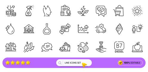 Medical drugs, Court jury and Vitamin n line icons for web app. Pack of Eco power, Accounting, Transport insurance pictogram icons. Cognac bottle, Stress, Ice cream signs. Search bar. Vector