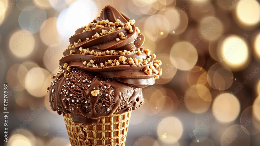 Poster a cone of chocolate ice cream topped with a swirl of caramel and sprinkled with popped rice inspired