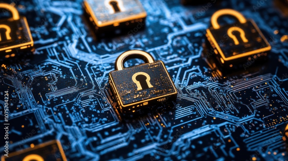Aufkleber digital locks on a circuit board, symbolizing cybersecurity and data protection.
